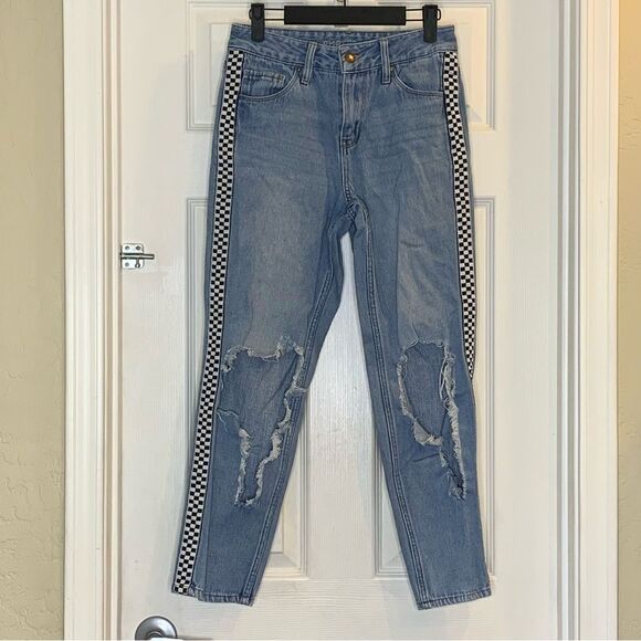 Empyre Eileen Mom Jeans Checkerboard Side Stripe Busted Knees Cropped Size 1 - Picture 1 of 9